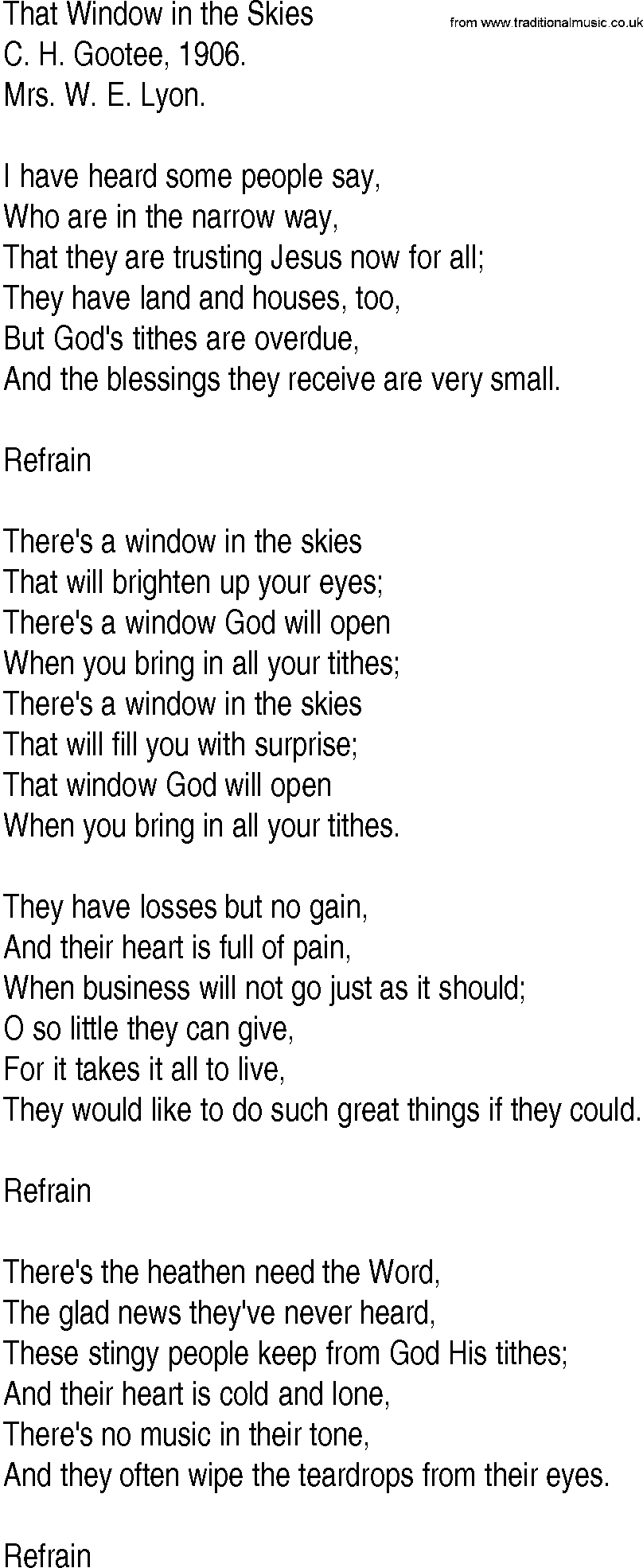 Hymn and Gospel Song: That Window in the Skies by C H Gootee lyrics