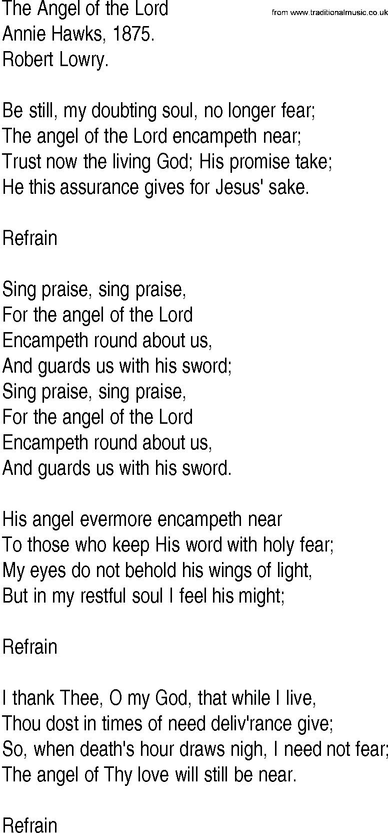 Hymn and Gospel Song: The Angel of the Lord by Annie Hawks lyrics