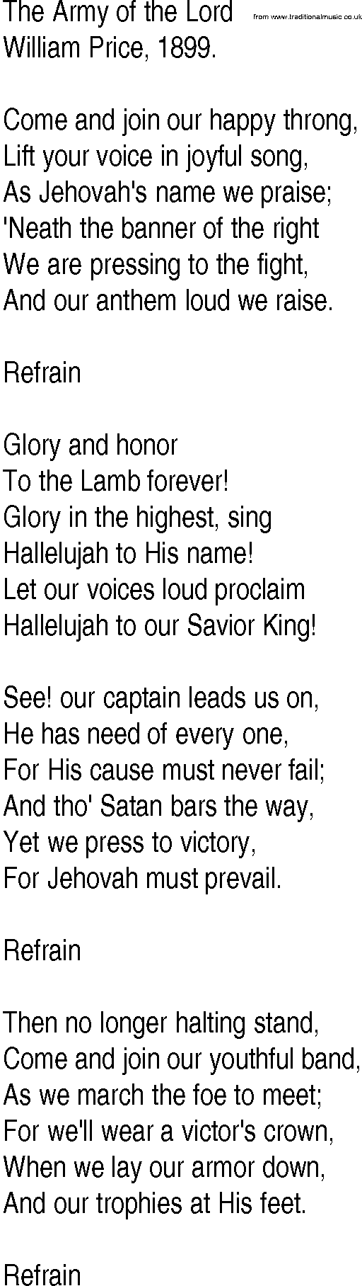 Hymn and Gospel Song: The Army of the Lord by William Price lyrics