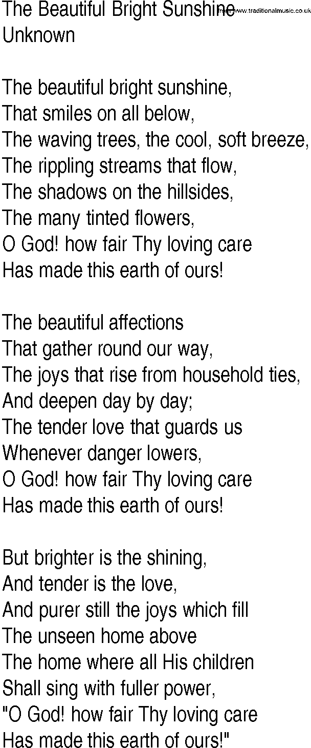 Hymn and Gospel Song: The Beautiful Bright Sunshine by Unknown lyrics