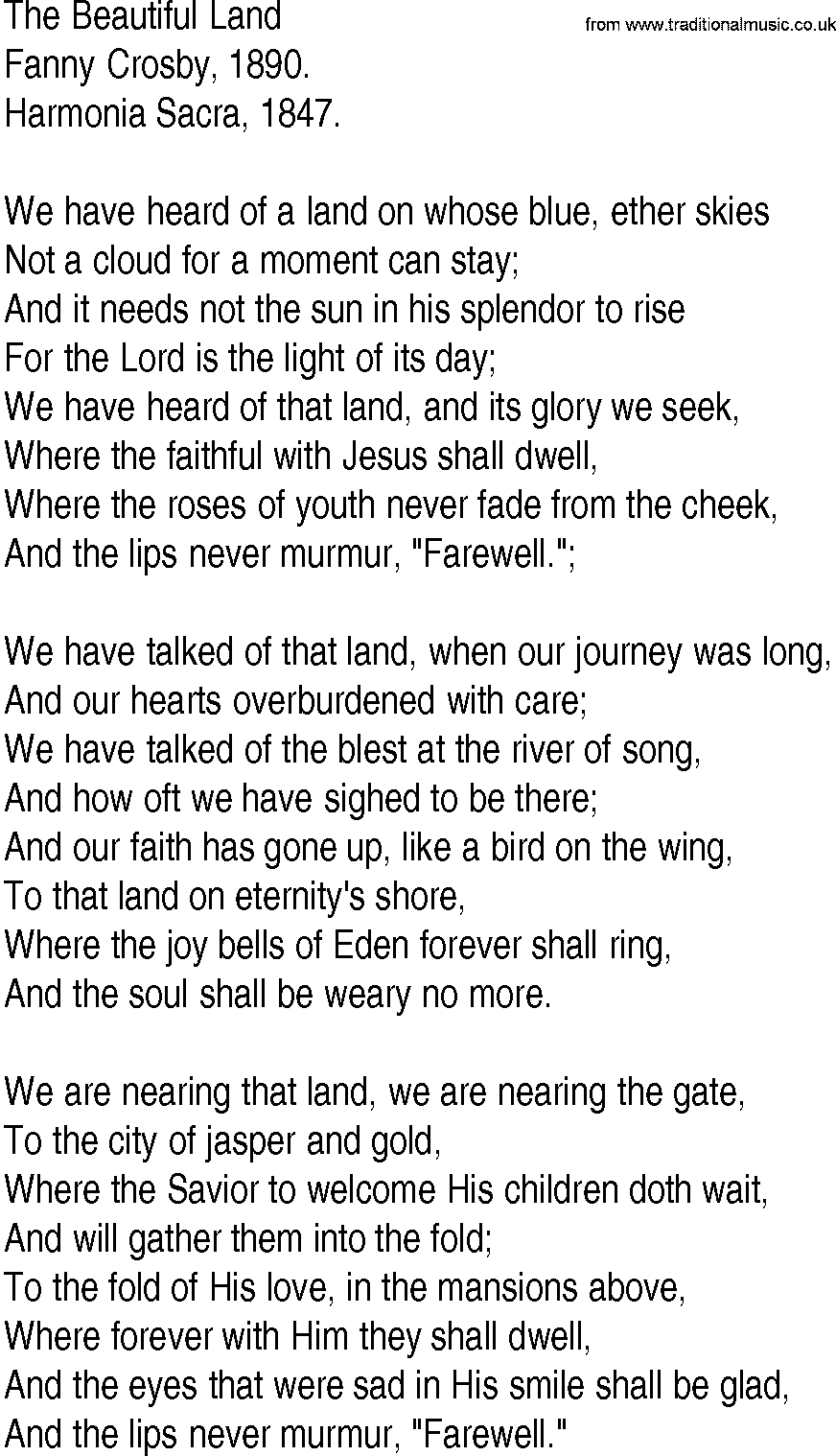 Hymn and Gospel Song: The Beautiful Land by Fanny Crosby lyrics