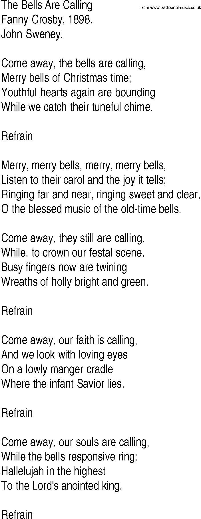 Hymn and Gospel Song: The Bells Are Calling by Fanny Crosby lyrics
