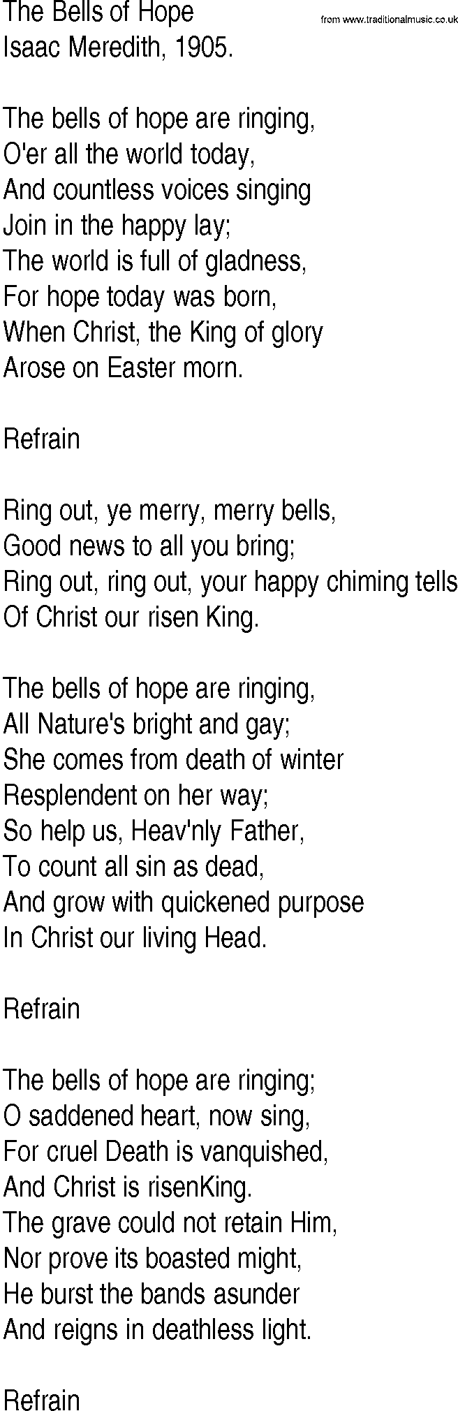 Hymn and Gospel Song: The Bells of Hope by Isaac Meredith lyrics