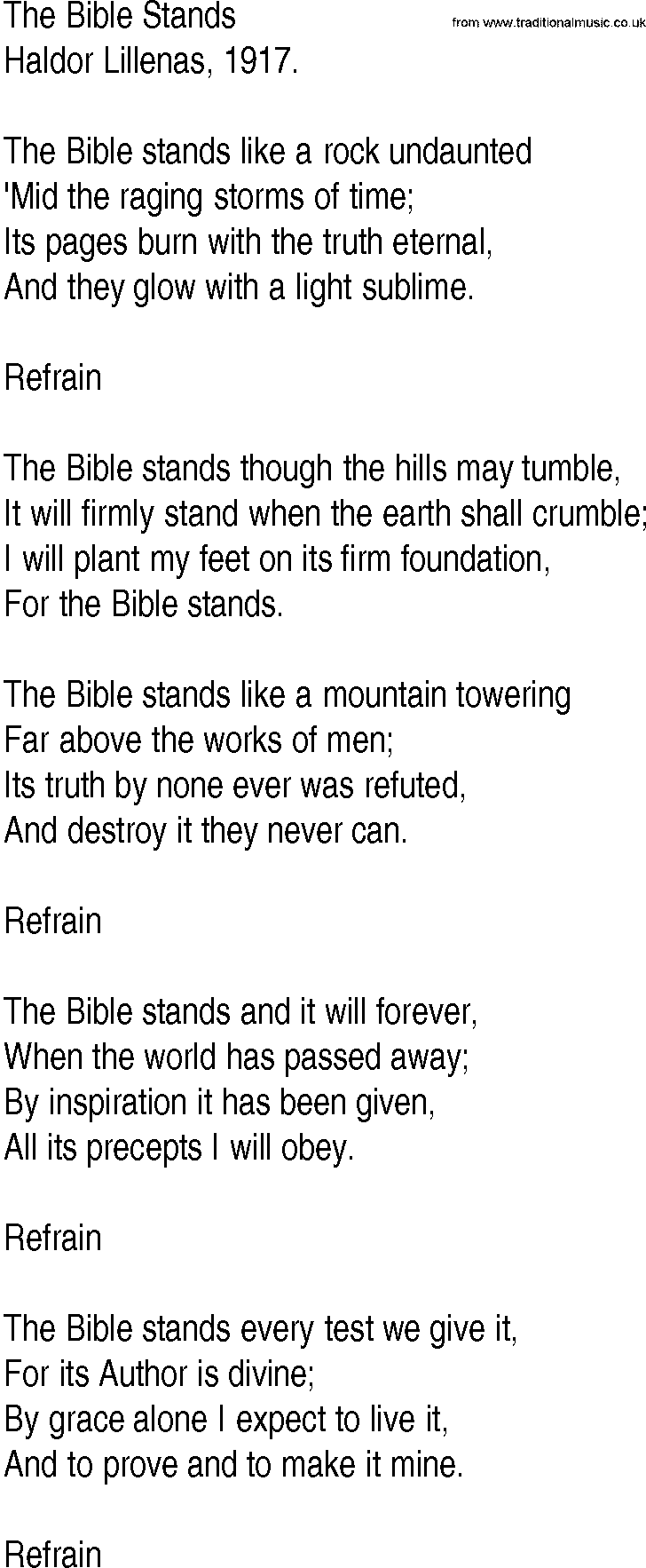 Hymn and Gospel Song: The Bible Stands by Haldor Lillenas lyrics