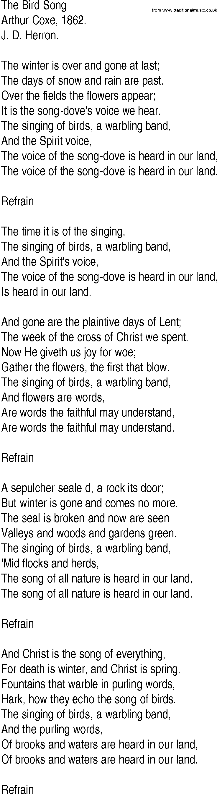 Hymn and Gospel Song: The Bird Song by Arthur Coxe lyrics