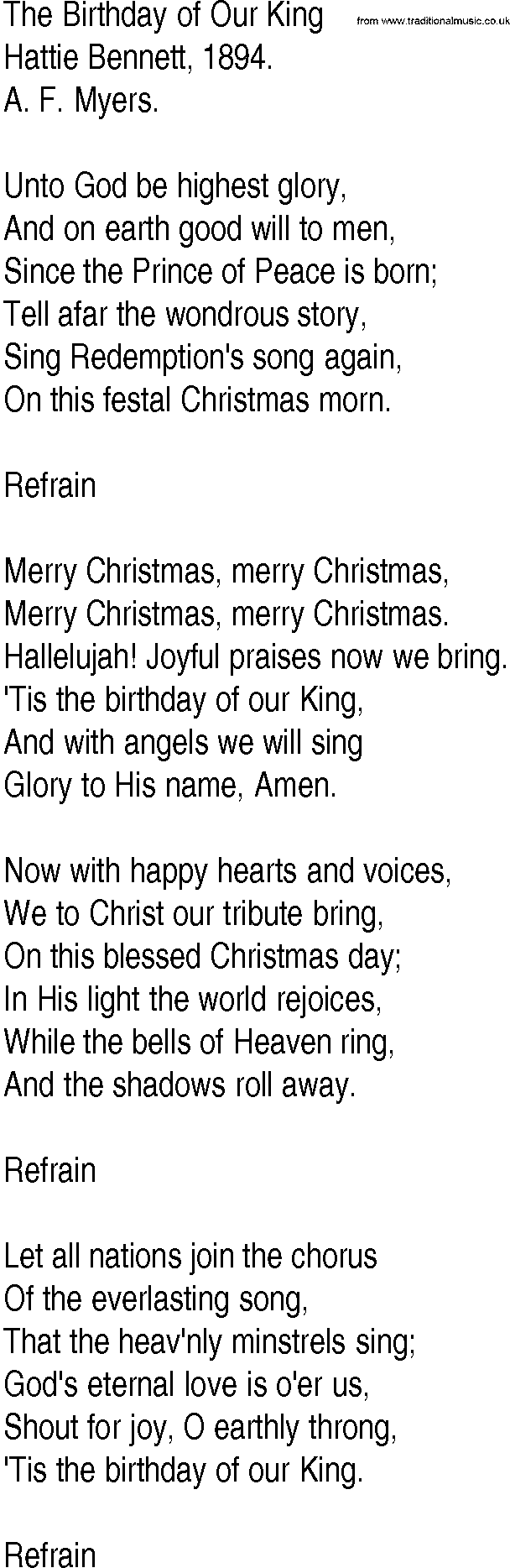 Hymn and Gospel Song: The Birthday of Our King by Hattie Bennett lyrics