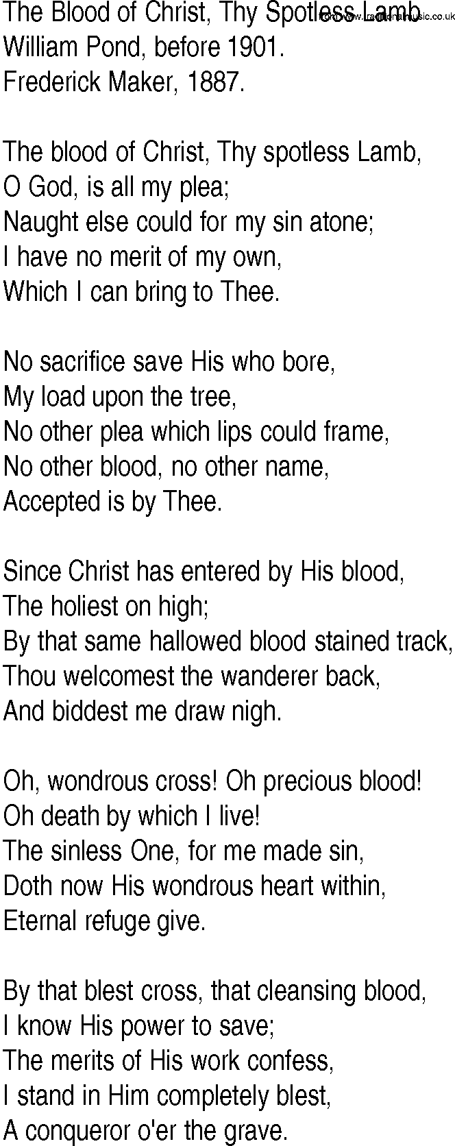 Hymn and Gospel Song: The Blood of Christ, Thy Spotless Lamb by William Pond before lyrics