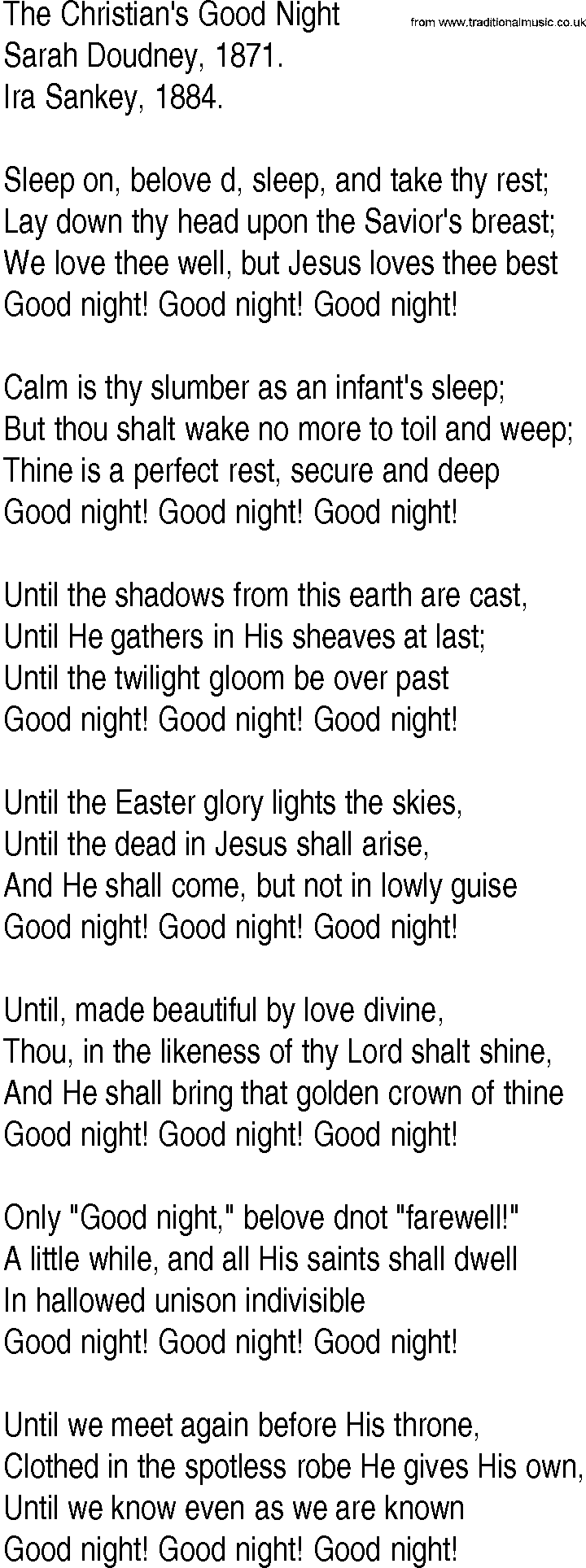 Hymn and Gospel Song: The Christian's Good Night by Sarah Doudney lyrics