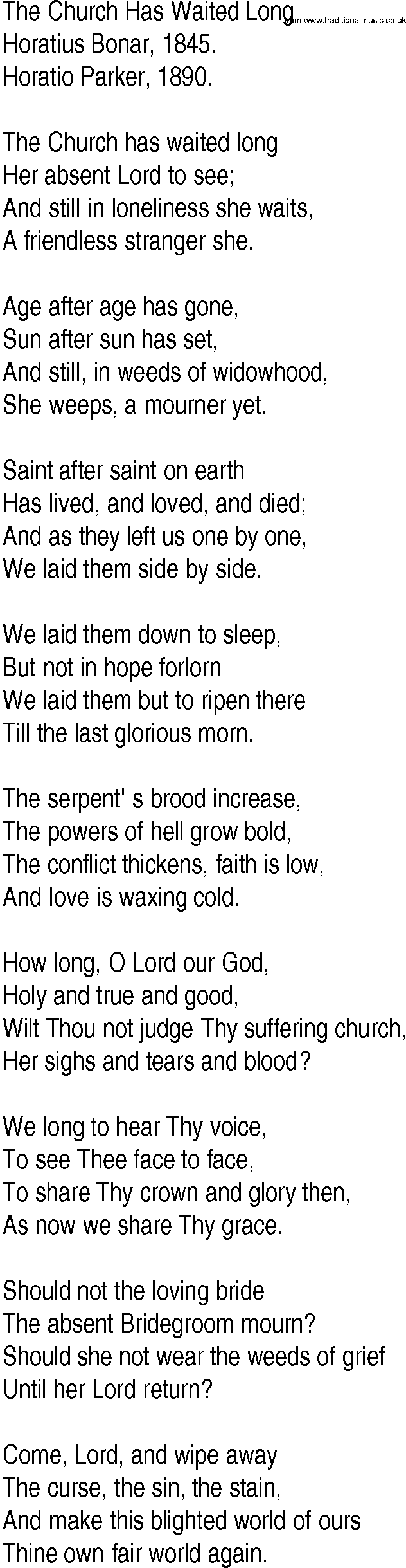 Hymn and Gospel Song: The Church Has Waited Long by Horatius Bonar lyrics
