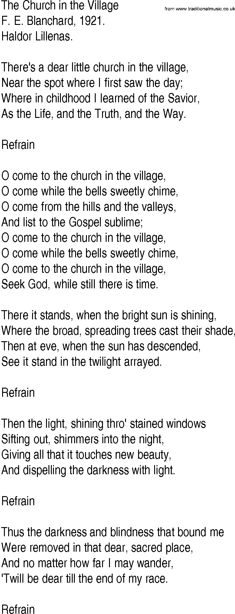 Hymn and Gospel Song: The Church in the Village by F E Blanchard lyrics