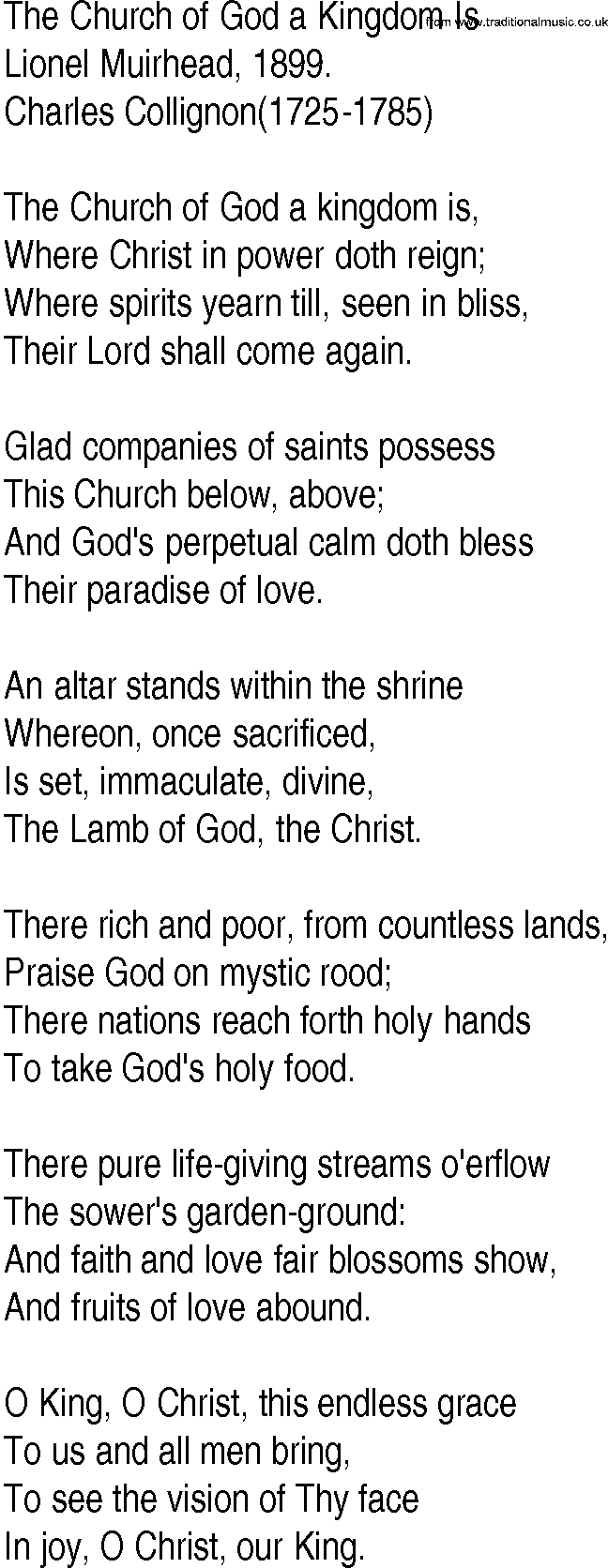 Hymn and Gospel Song: The Church of God a Kingdom Is by Lionel Muirhead lyrics