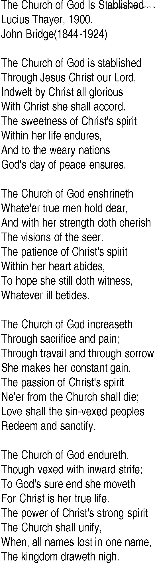 Hymn and Gospel Song: The Church of God Is Stablished by Lucius Thayer lyrics