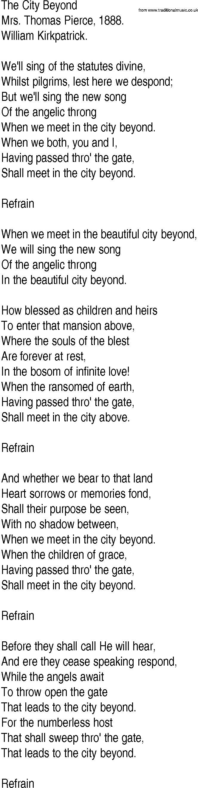 Hymn and Gospel Song: The City Beyond by Mrs Thomas Pierce lyrics