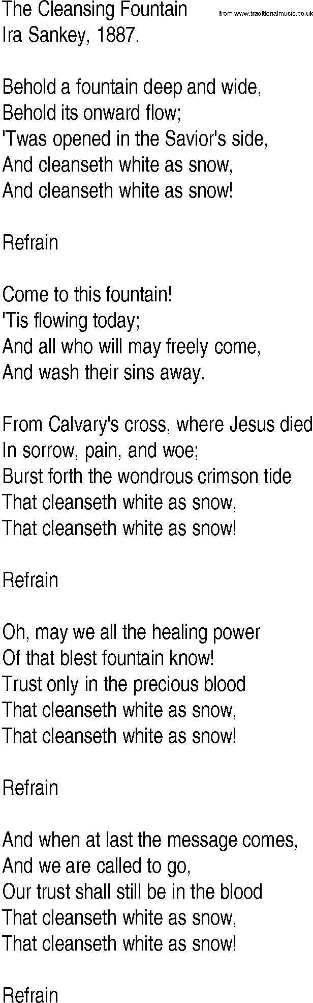 Hymn and Gospel Song: The Cleansing Fountain by Ira Sankey lyrics