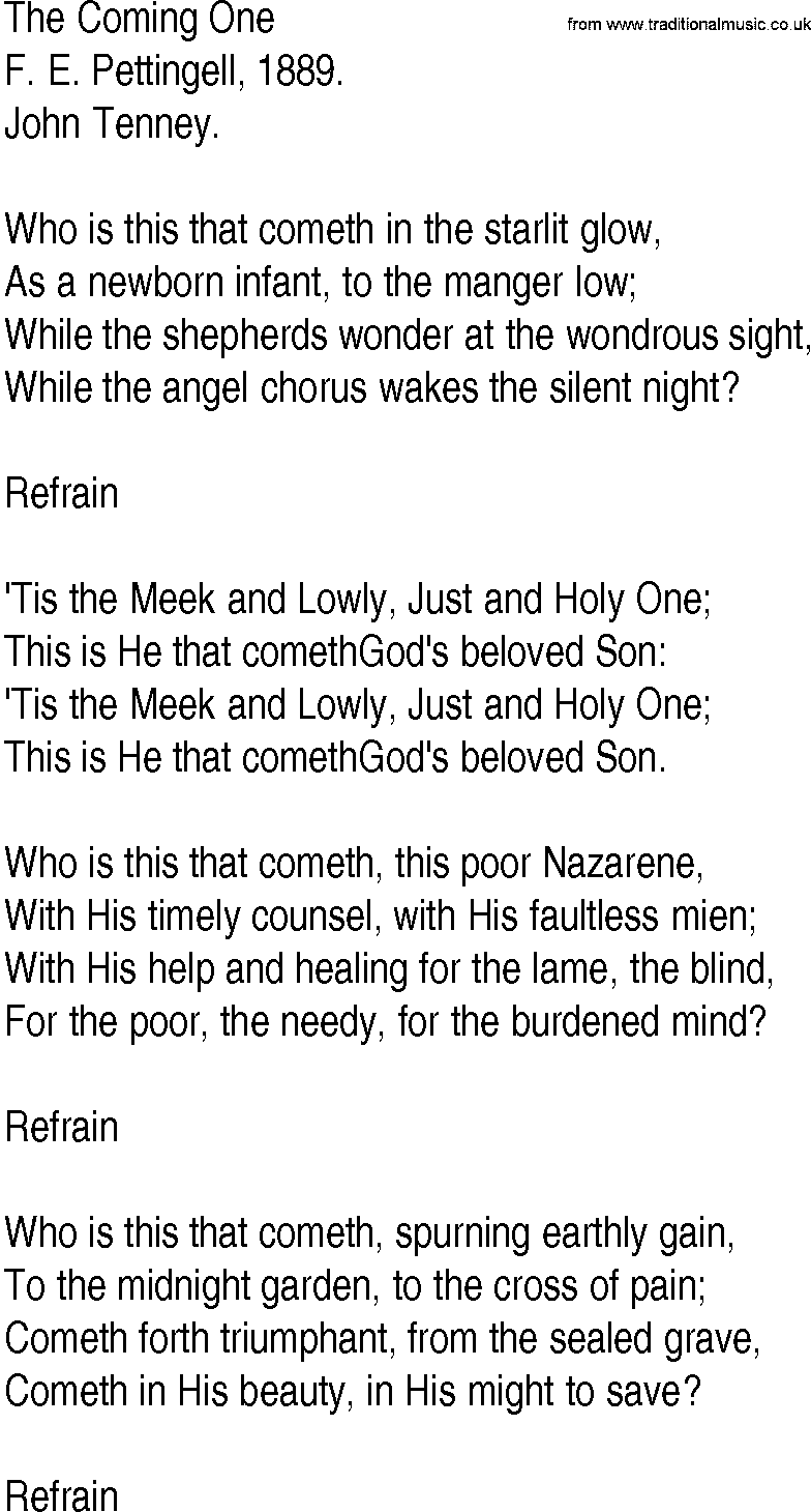 Hymn and Gospel Song: The Coming One by F E Pettingell lyrics