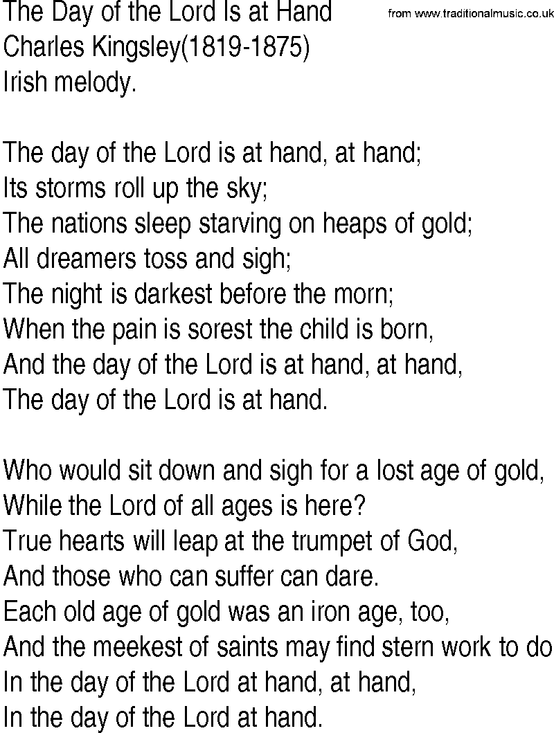 Hymn and Gospel Song: The Day of the Lord Is at Hand by Charles Kingsley lyrics