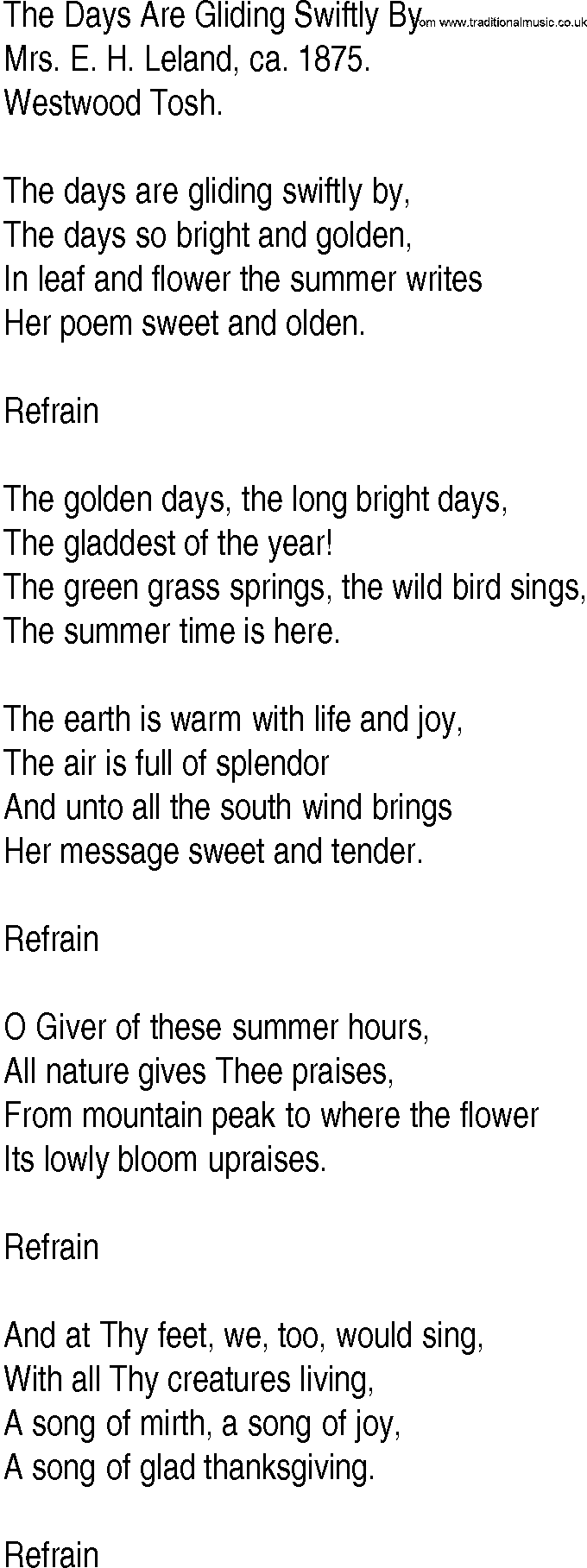 Hymn and Gospel Song: The Days Are Gliding Swiftly By by Mrs E H Leland ca lyrics