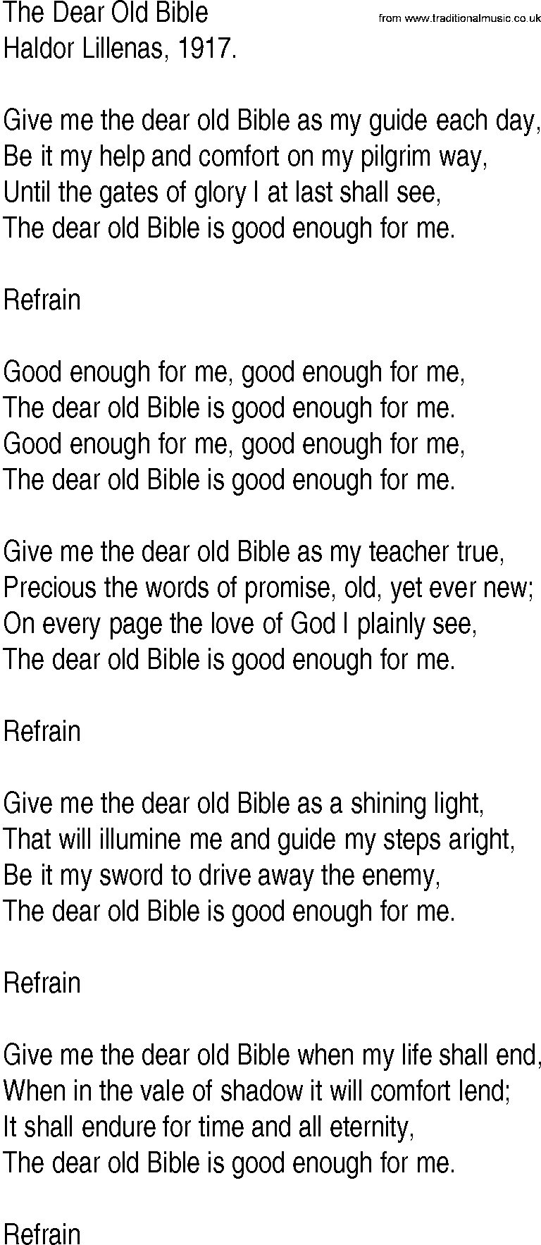 Hymn and Gospel Song: The Dear Old Bible by Haldor Lillenas lyrics