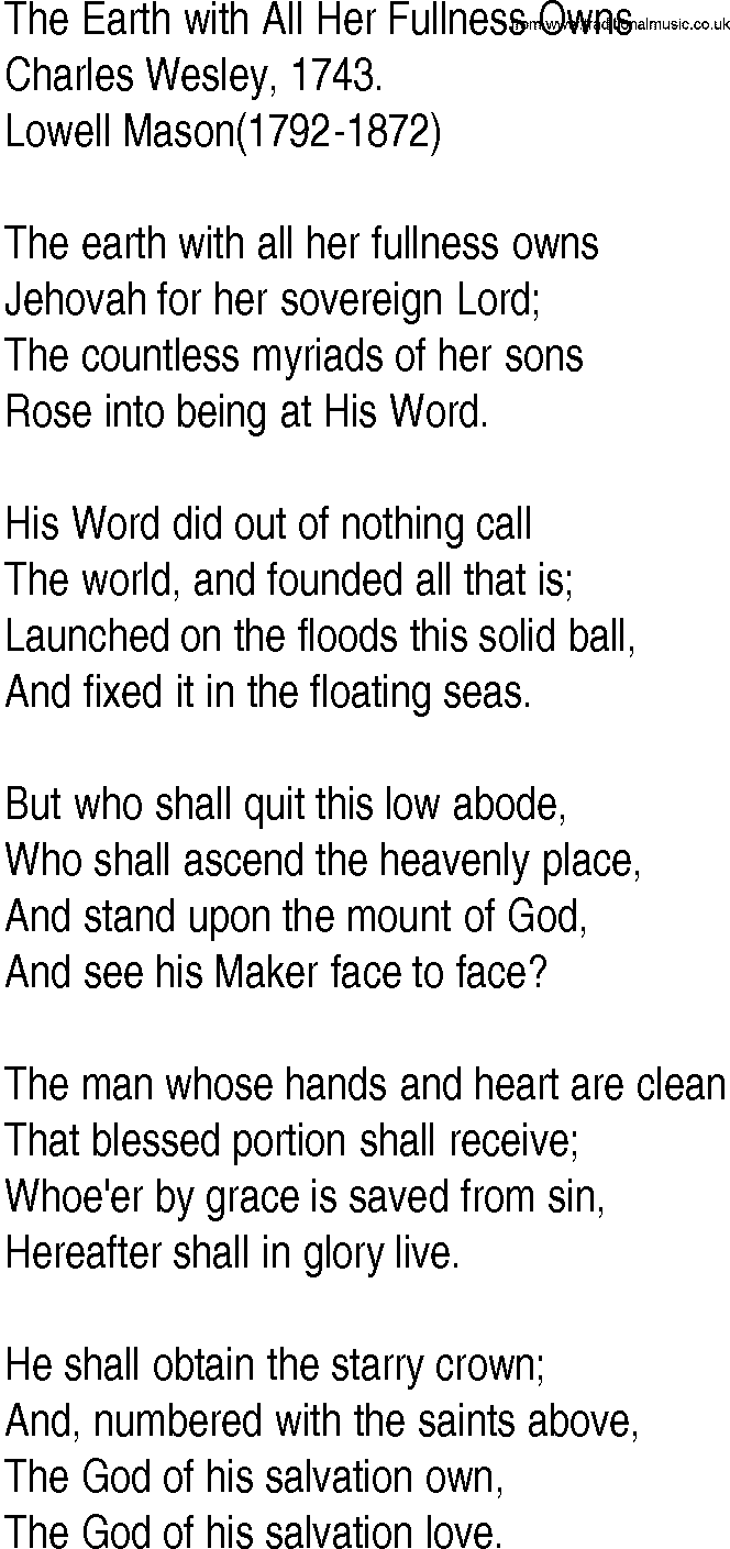 Hymn and Gospel Song: The Earth with All Her Fullness Owns by Charles Wesley lyrics