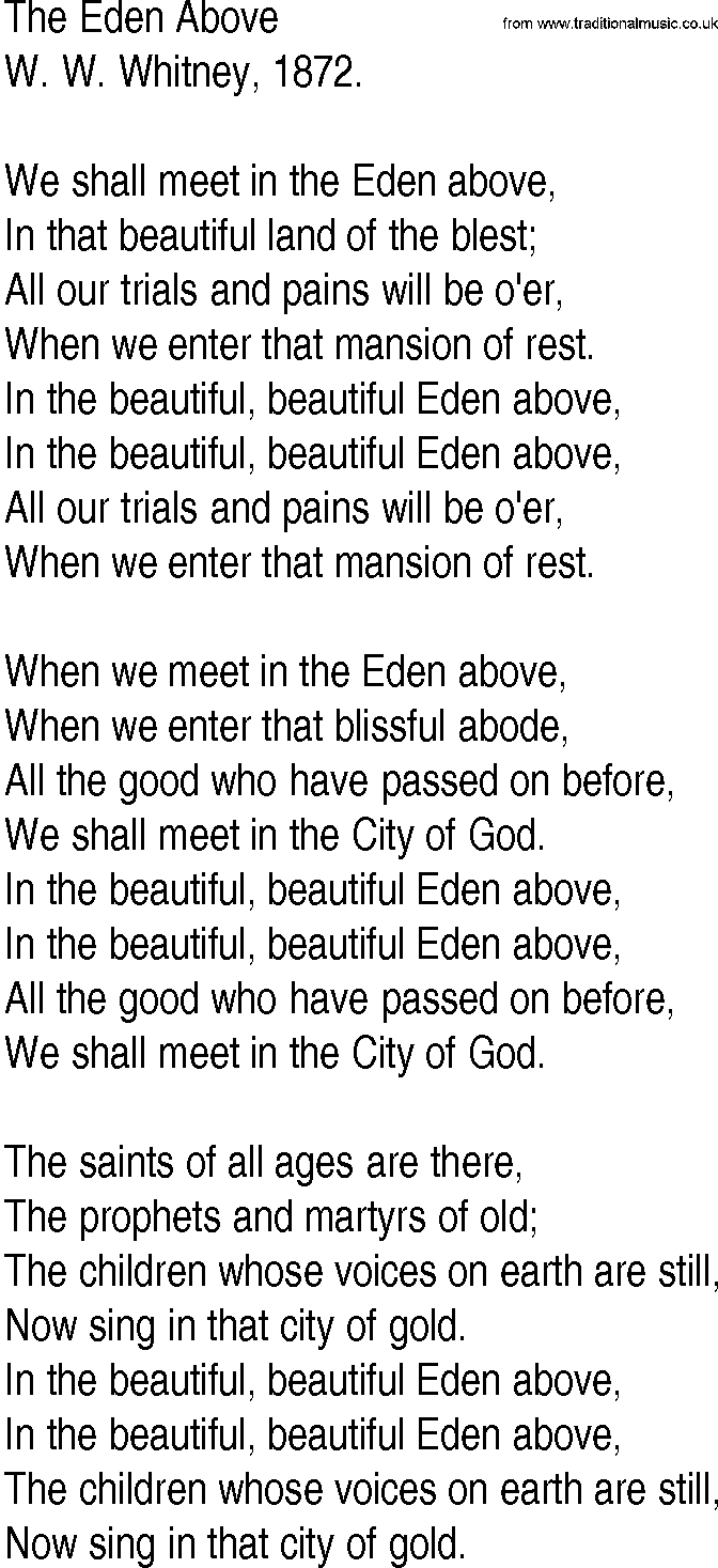 Hymn and Gospel Song: The Eden Above by W W Whitney lyrics
