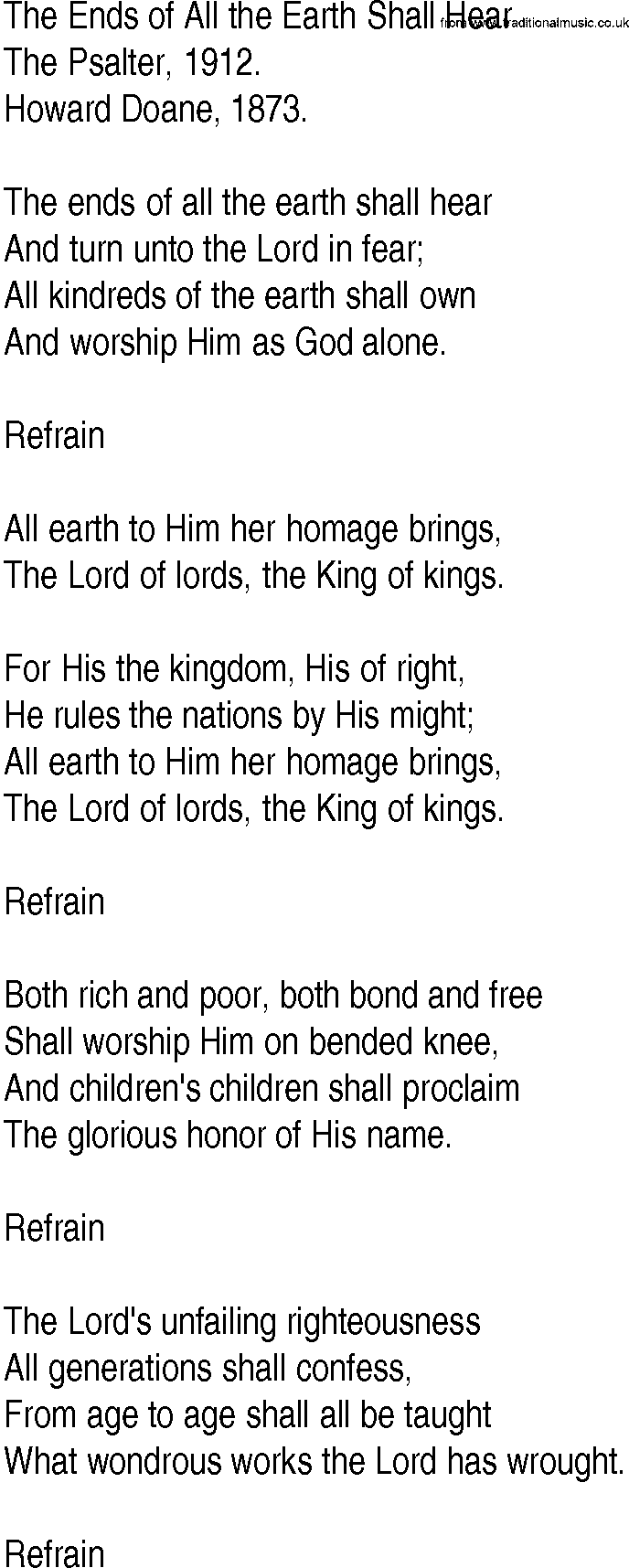 Hymn and Gospel Song: The Ends of All the Earth Shall Hear by The Psalter lyrics