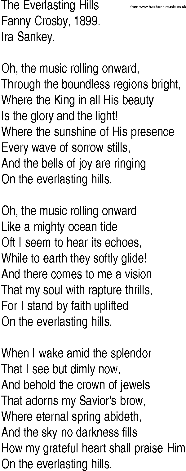 Hymn and Gospel Song: The Everlasting Hills by Fanny Crosby lyrics