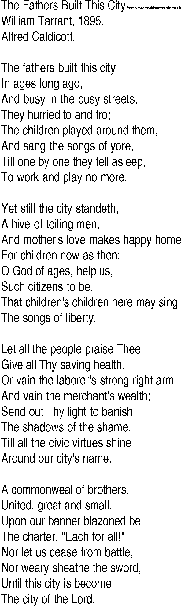 Hymn and Gospel Song: The Fathers Built This City by William Tarrant lyrics