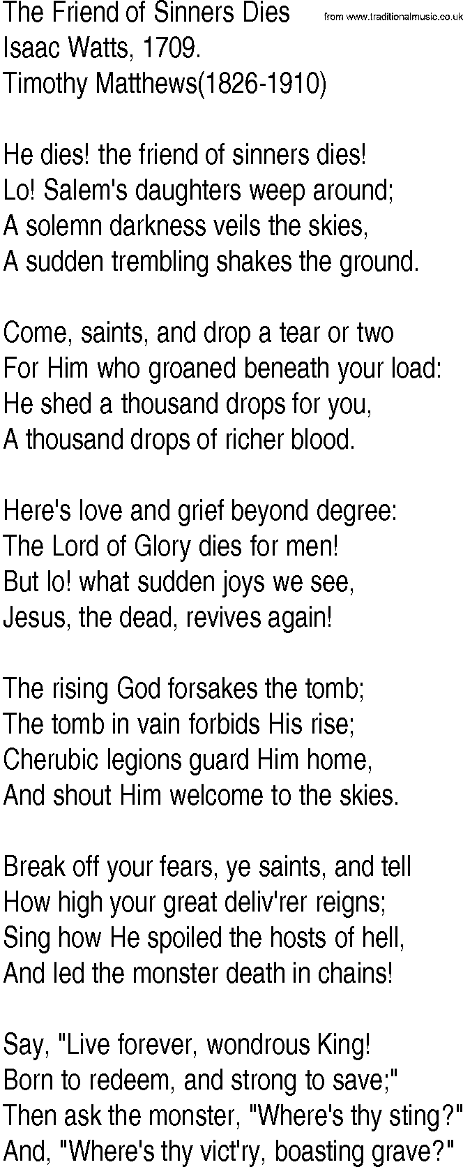 Hymn and Gospel Song: The Friend of Sinners Dies by Isaac Watts lyrics