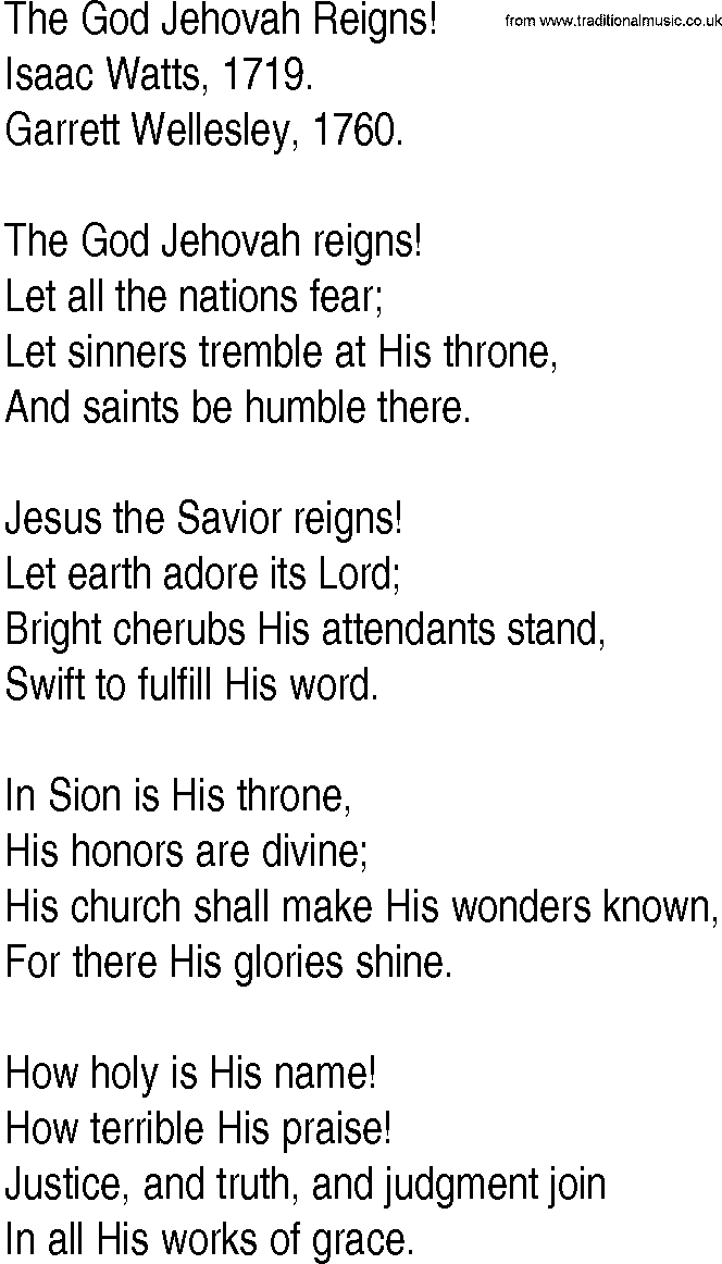 Hymn and Gospel Song: The God Jehovah Reigns! by Isaac Watts lyrics