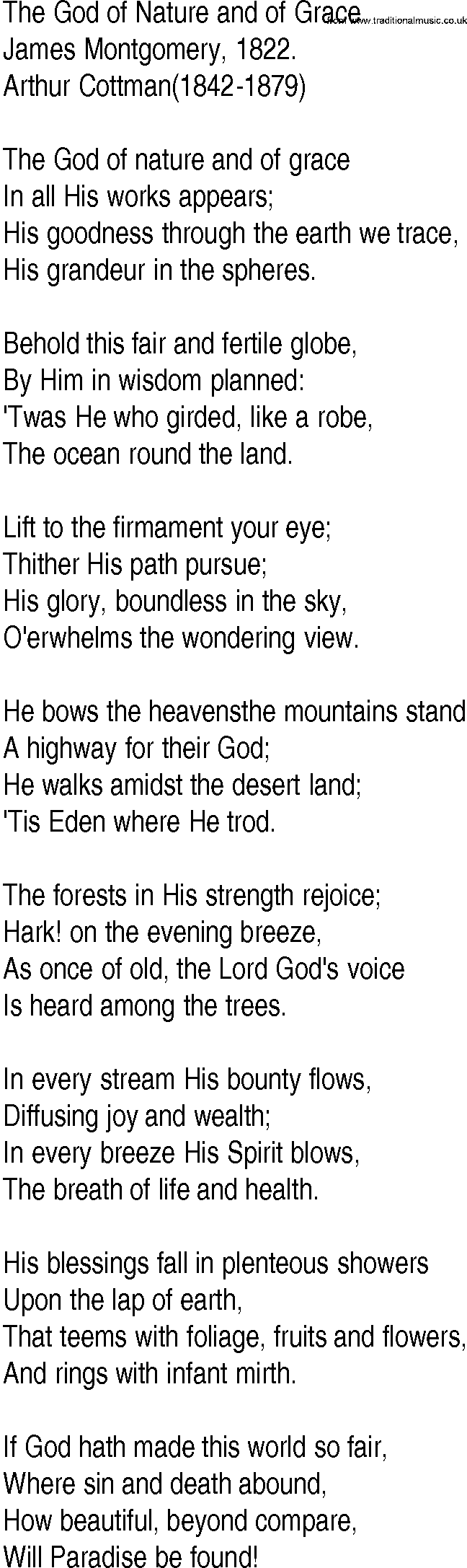 Hymn and Gospel Song: The God of Nature and of Grace by James Montgomery lyrics