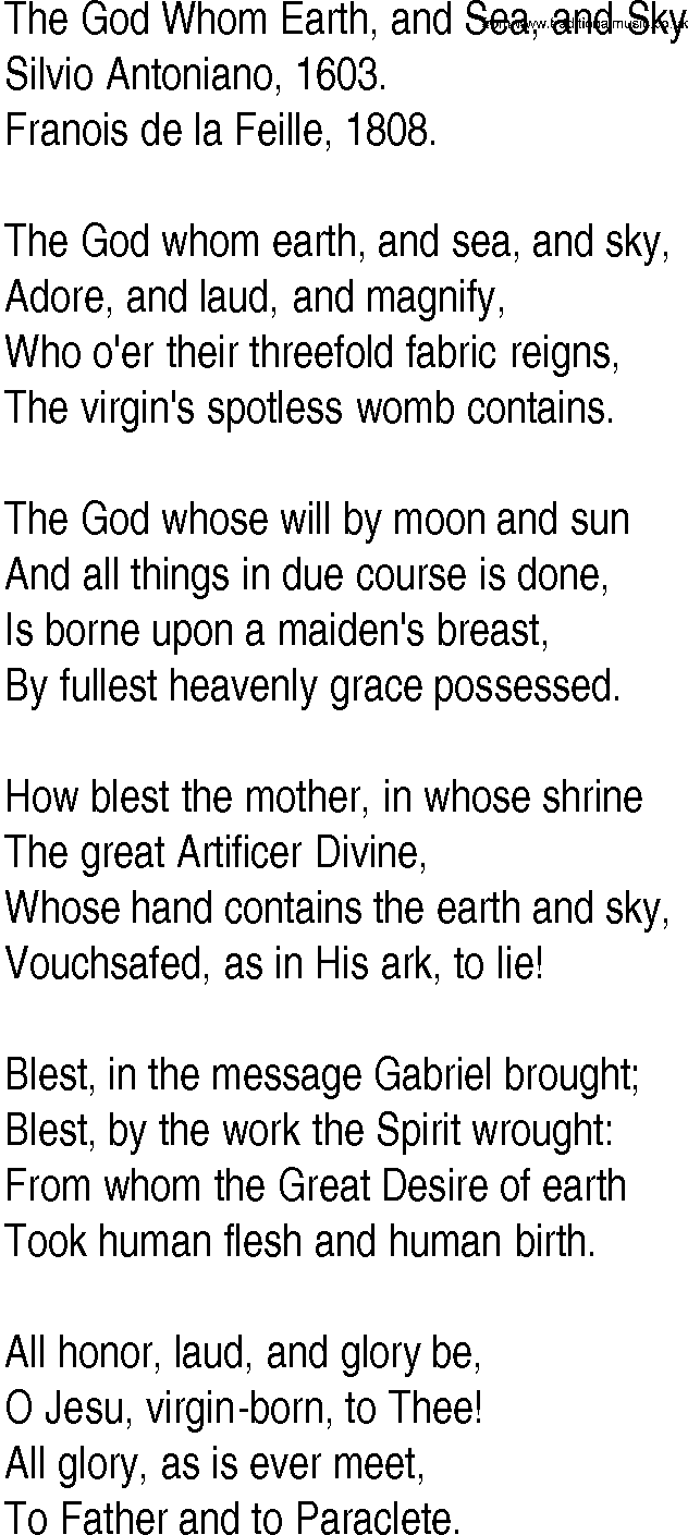 Hymn and Gospel Song: The God Whom Earth, and Sea, and Sky by Silvio Antoniano lyrics