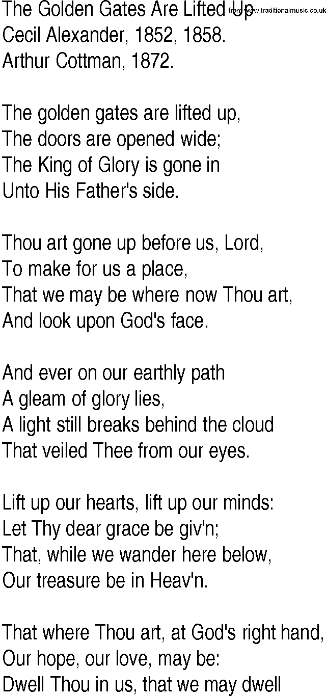 Hymn and Gospel Song: The Golden Gates Are Lifted Up by Cecil Alexander lyrics