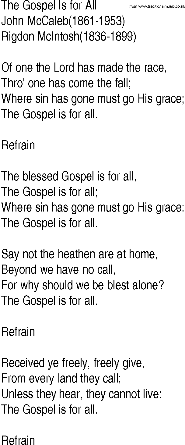 Hymn and Gospel Song: The Gospel Is for All by John McCaleb lyrics