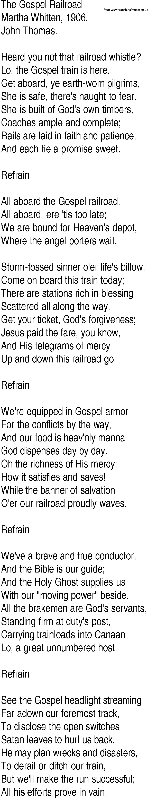 Hymn and Gospel Song: The Gospel Railroad by Martha Whitten lyrics