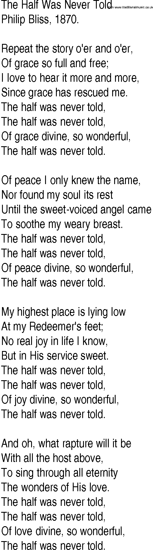 Hymn and Gospel Song: The Half Was Never Told by Philip Bliss lyrics