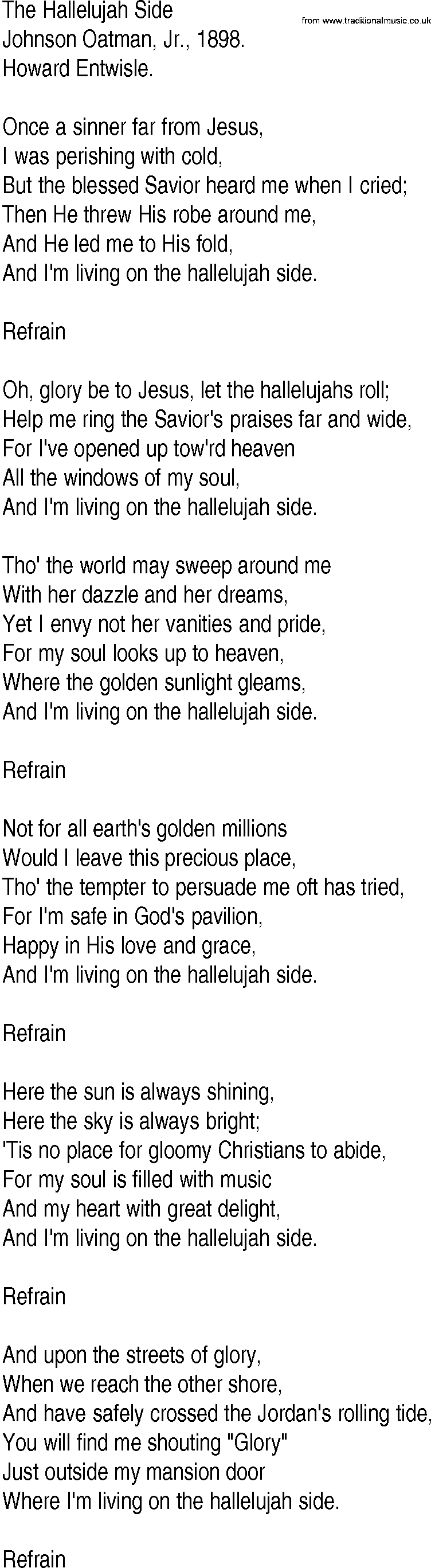 Hymn and Gospel Song: The Hallelujah Side by Johnson Oatman Jr lyrics
