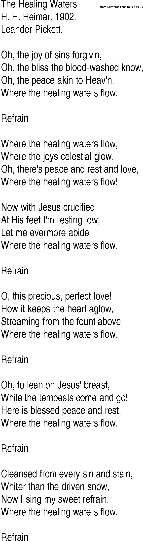 Hymn and Gospel Song: The Healing Waters by H H Heimar lyrics