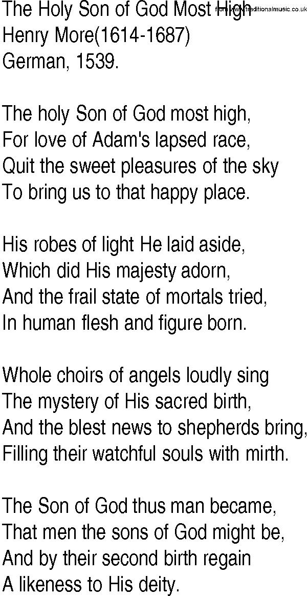 Hymn and Gospel Song: The Holy Son of God Most High by Henry More lyrics