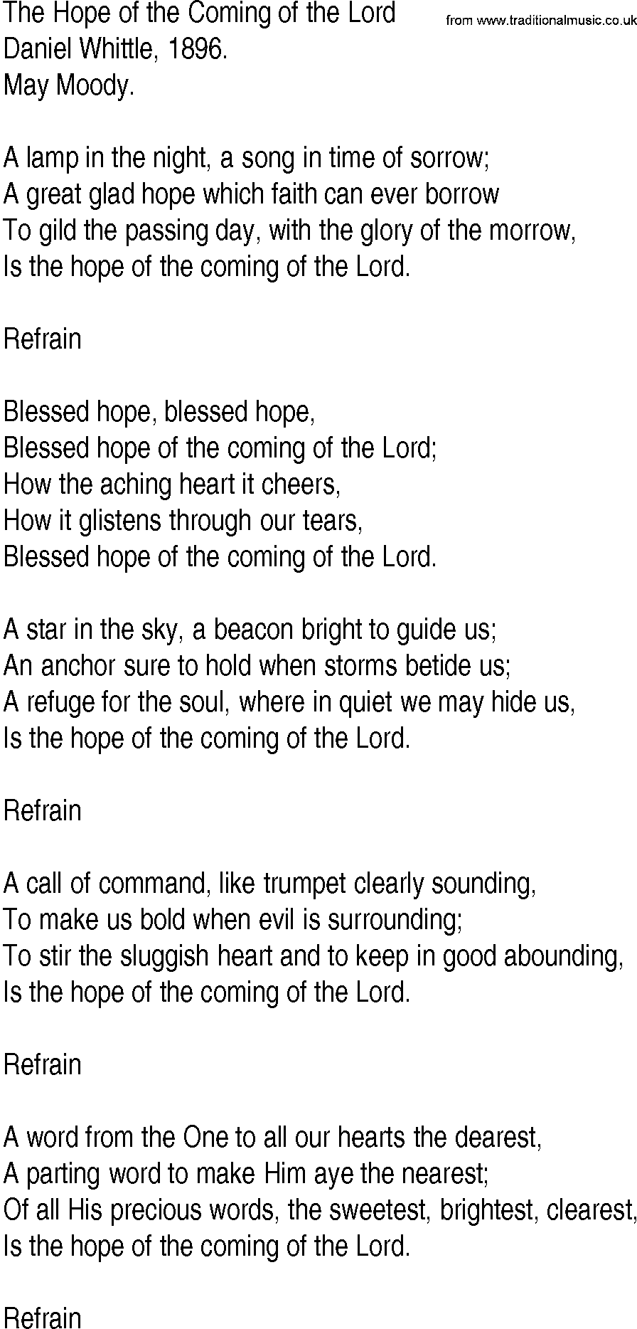 Hymn and Gospel Song: The Hope of the Coming of the Lord by Daniel Whittle lyrics