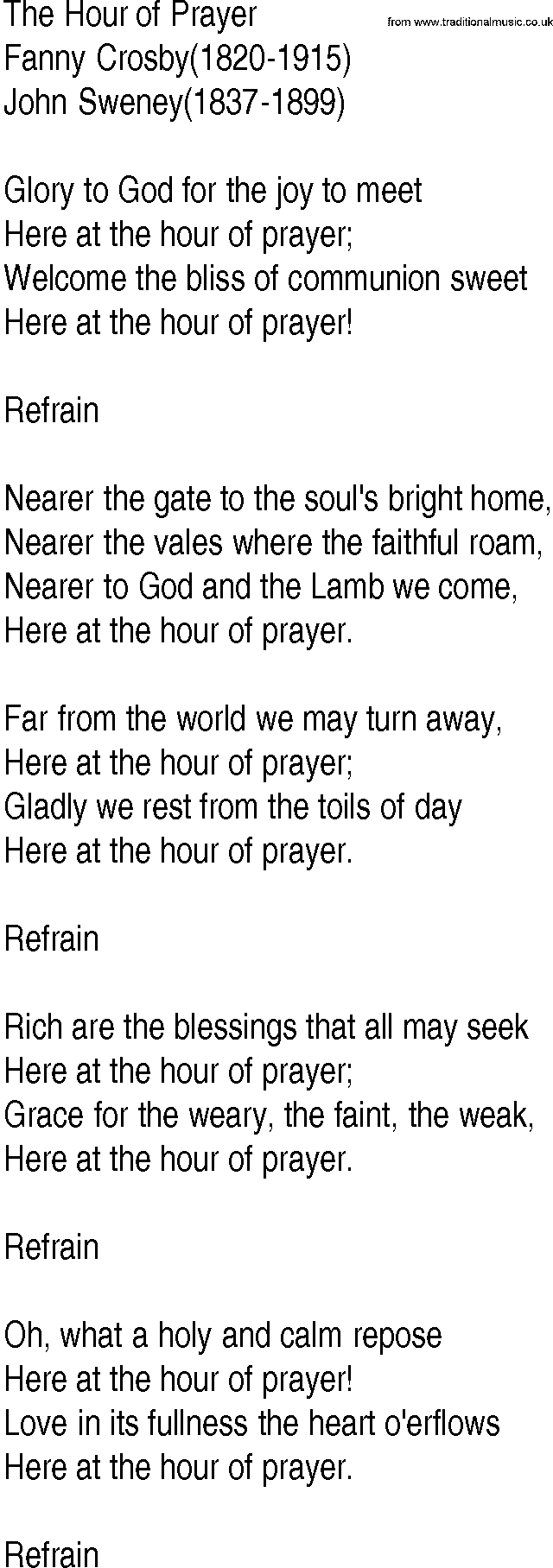 Hymn and Gospel Song: The Hour of Prayer by Fanny Crosby lyrics