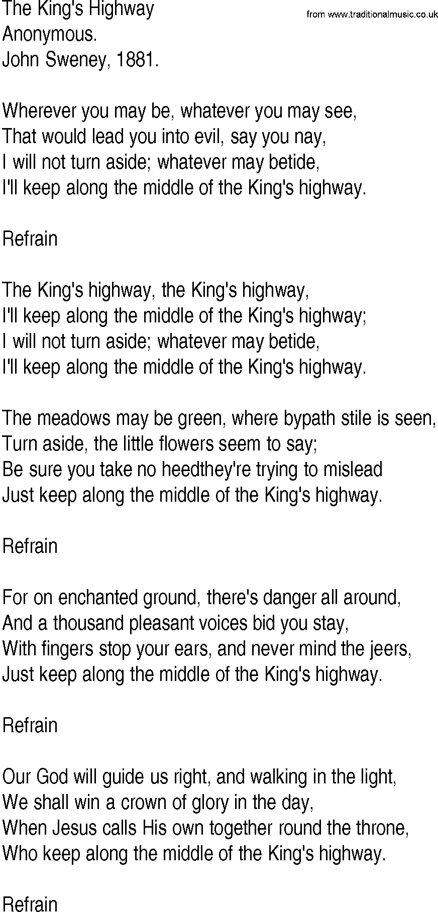 Hymn and Gospel Song: The King's Highway by Anonymous lyrics