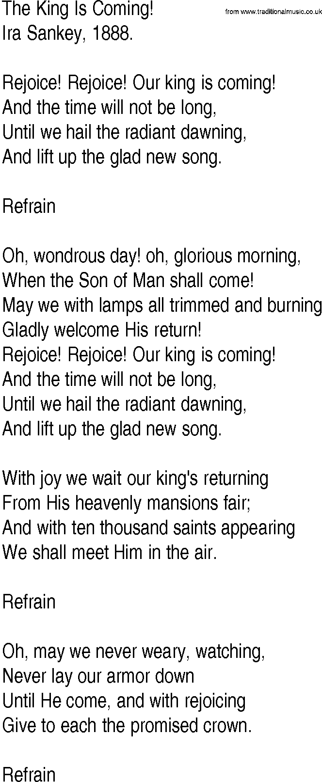 Hymn and Gospel Song: The King Is Coming! by Ira Sankey lyrics