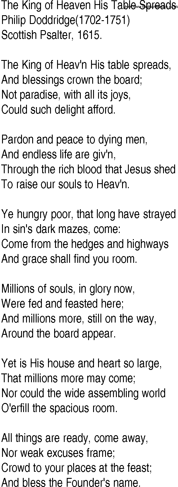 Hymn and Gospel Song: The King of Heaven His Table Spreads by Philip Doddridge lyrics