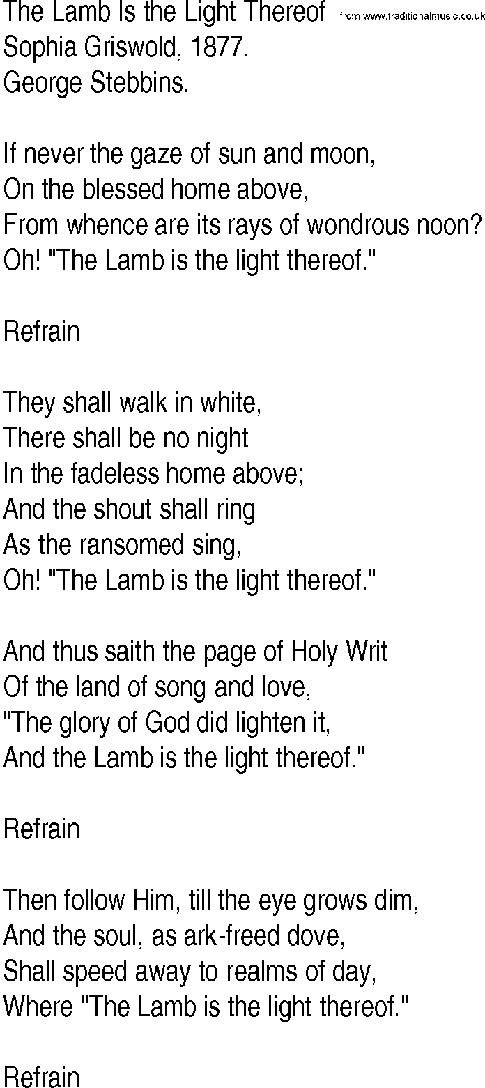 Hymn and Gospel Song: The Lamb Is the Light Thereof by Sophia Griswold lyrics