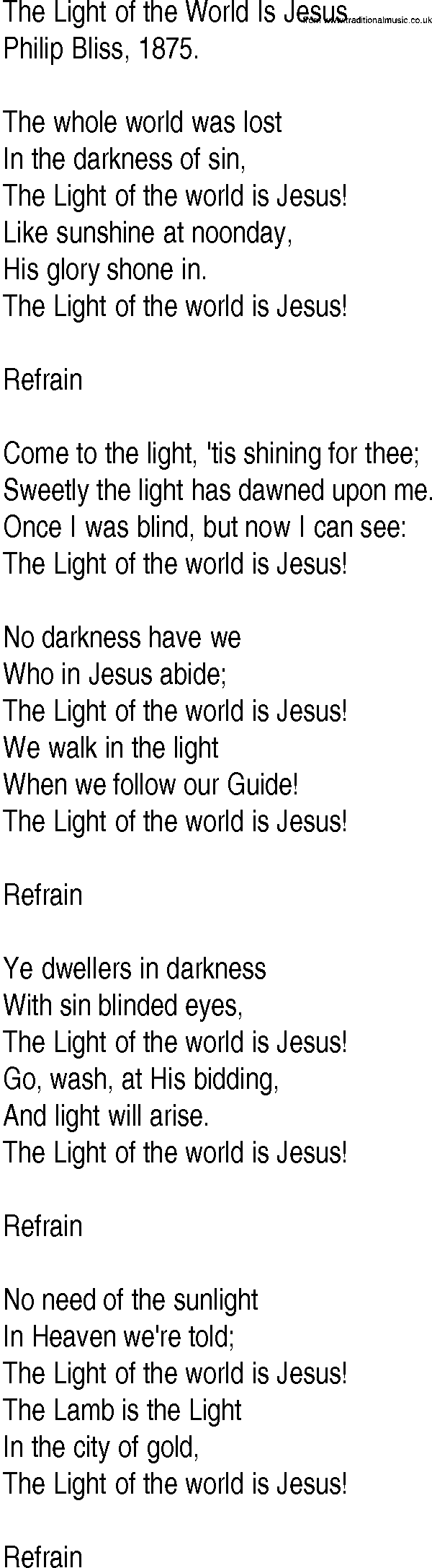 Hymn and Gospel Song: The Light of the World Is Jesus by Philip Bliss lyrics
