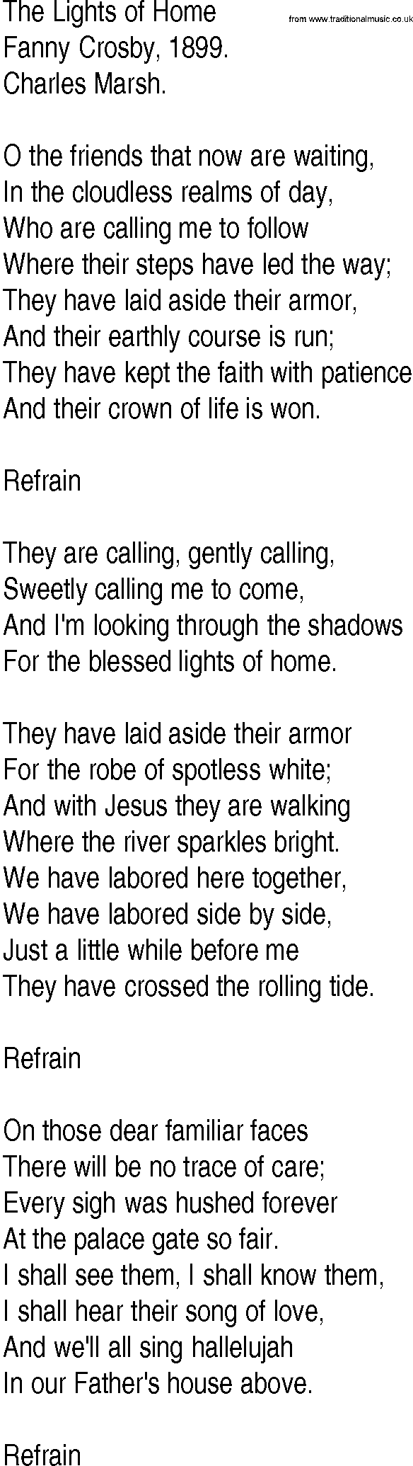Hymn and Gospel Song: The Lights of Home by Fanny Crosby lyrics