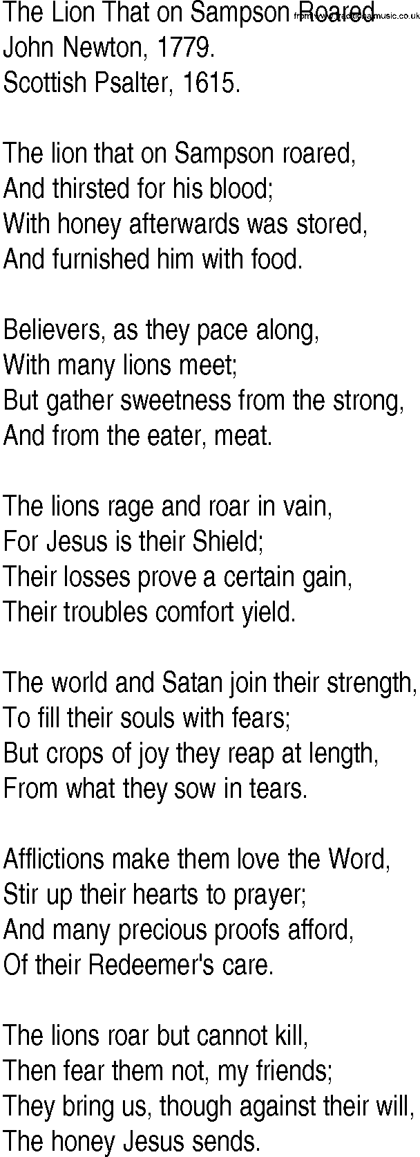 Hymn and Gospel Song: The Lion That on Sampson Roared by John Newton lyrics