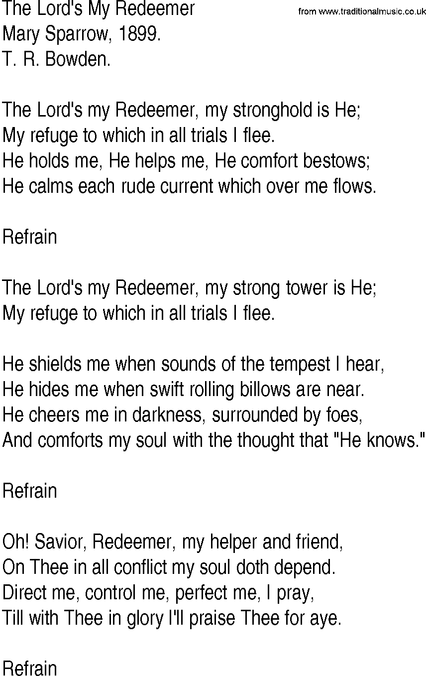 Hymn and Gospel Song: The Lord's My Redeemer by Mary Sparrow lyrics