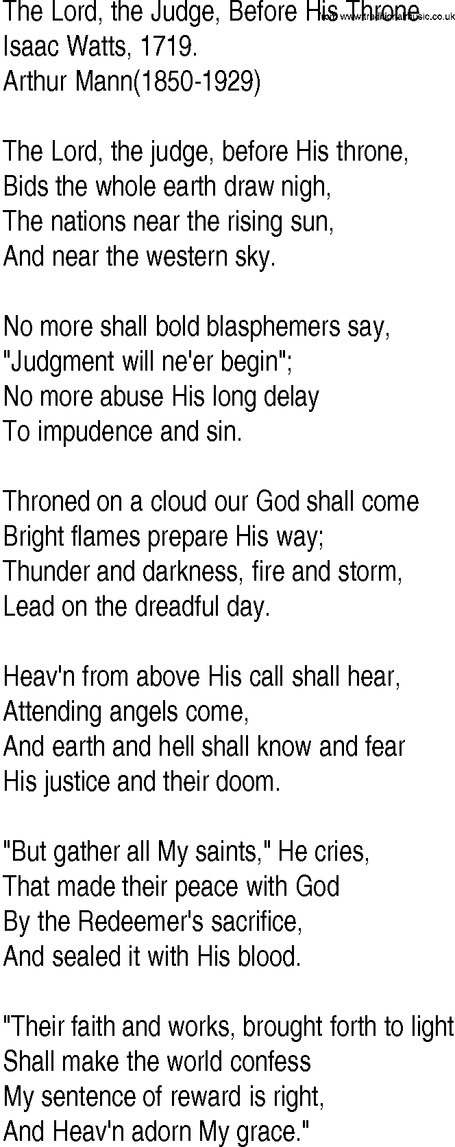 Hymn and Gospel Song: The Lord, the Judge, Before His Throne by Isaac Watts lyrics