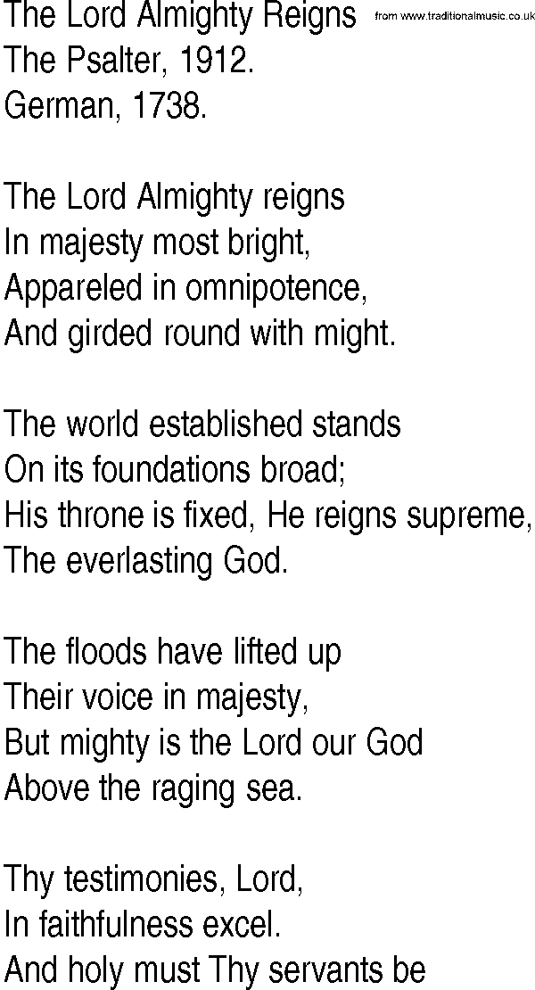 Hymn and Gospel Song: The Lord Almighty Reigns by The Psalter lyrics